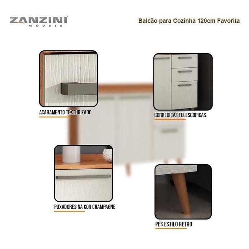 Balcão para Cozinha Favorita 2 Portas 3 Gavetas 120cm Cinamomo